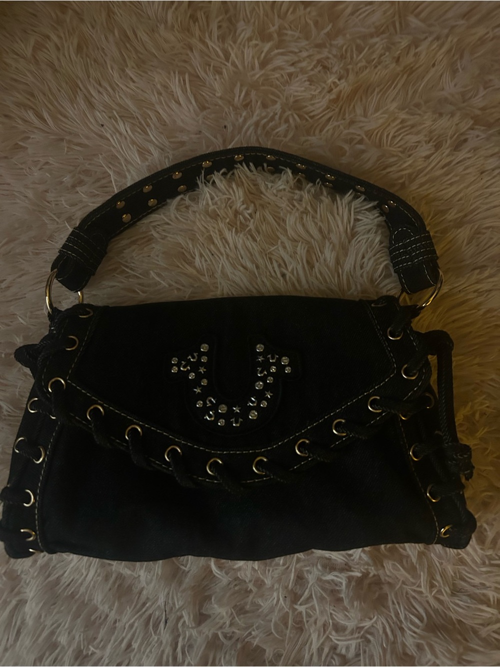 True Religion Black Rhinestone Horseshoe Shoulder Bag